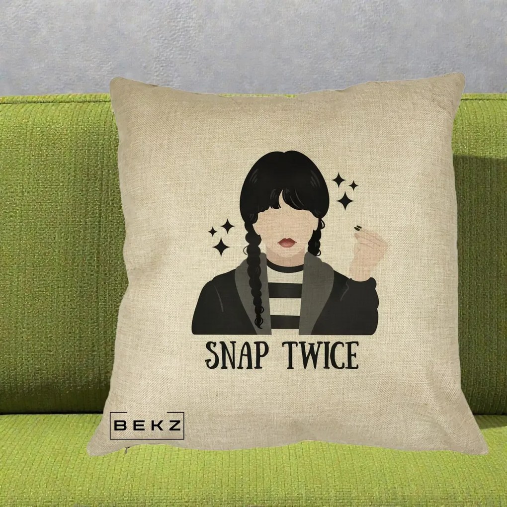 Perna Personalizata Wednesday Snap Twice, 40x40 cm, Crem, Husa Detasabila, Perna Inclusa, BEKZ®