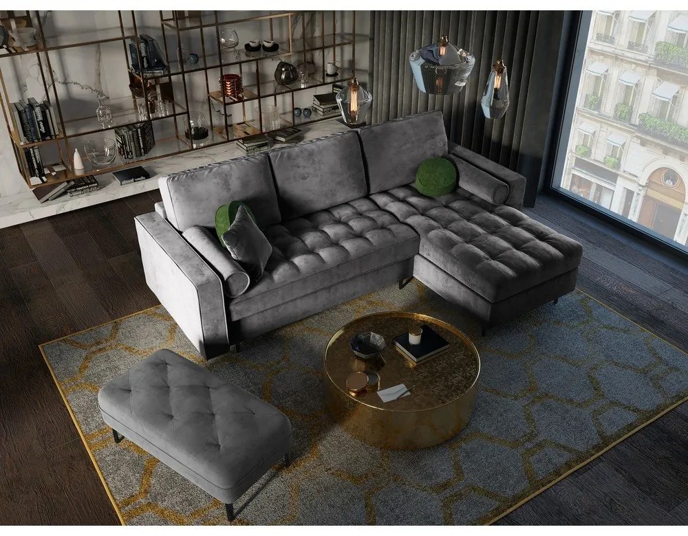 Colțar extensibil din catifea cu șezlong dreapta Milo Casa Santo, gri închis