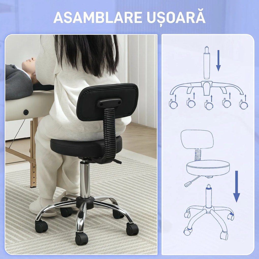 HOMCOM Taburet cu Roți, Rotativ 360°, Reglabil pe Înălțime, Piele Ecologică, Metal, 46x51x78-93 cm, Negru | Aosom Romania