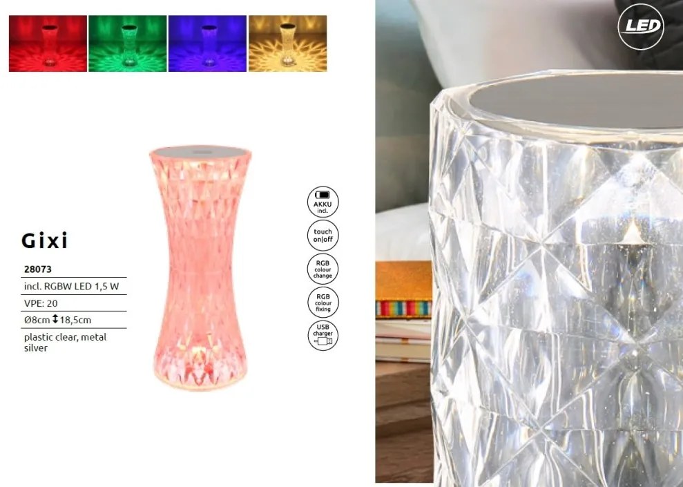 Lampa de masa cu baterii, plastic transparent cu efect de cristal Gixi transparent 8cm