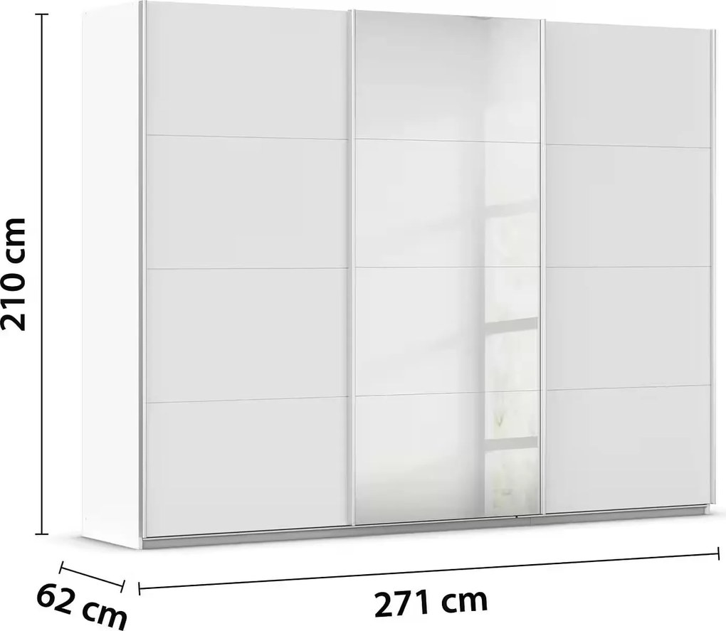 Dressing 271 cm lățime, 3 uși glisante, oglindă pe mijloc, compartimentare premium, 210 cm înălțime