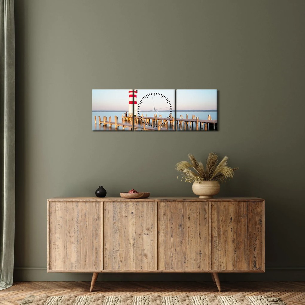Tablou cu far la răsărit de soare (cu ceas) (90x30 cm)