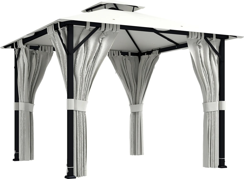 Outsunny Tonnelă de grădină exterior 3x3m pavilion de grădină, acoperiș dublu, draperii, cârlige pentru tavan, cadru metalic, crem | Aosom Romania