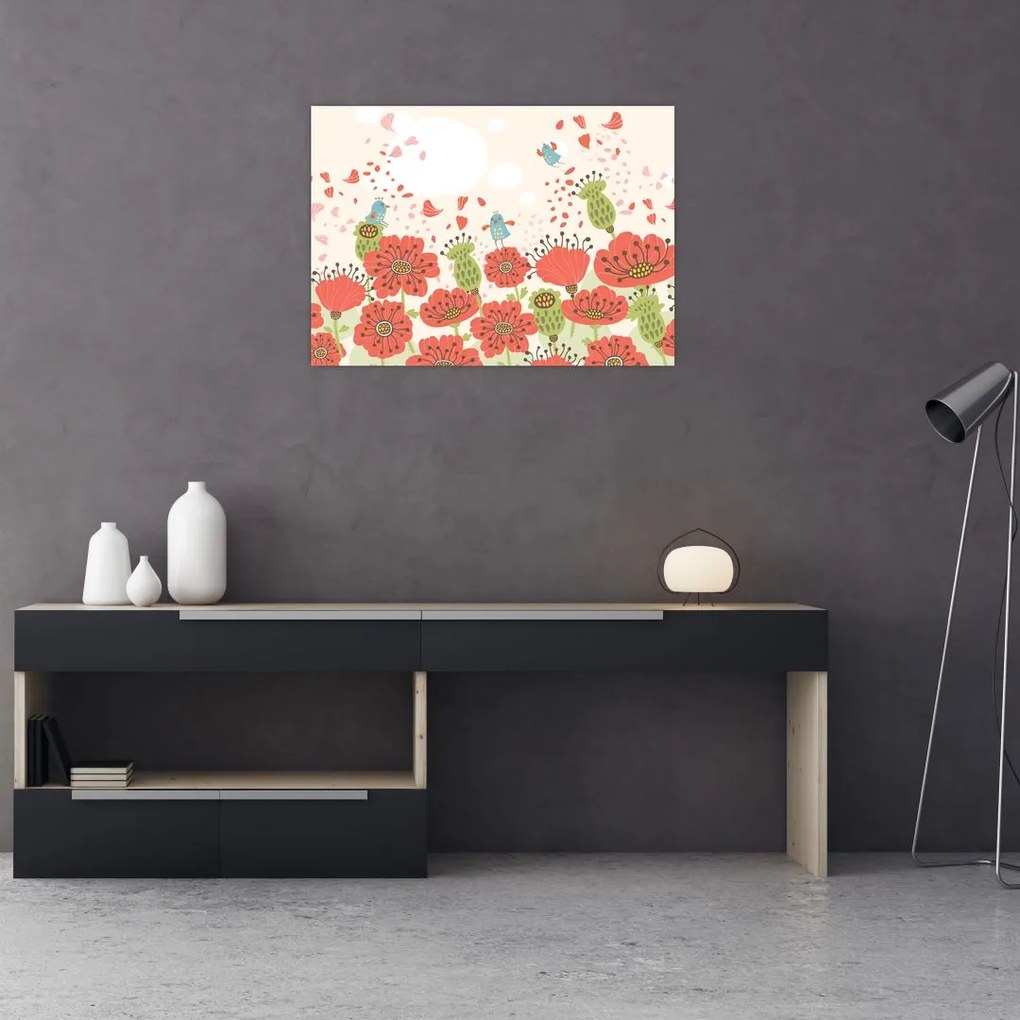 Tablou pe sticlă - Păsări pe o pajiște înflorită (70x50 cm)