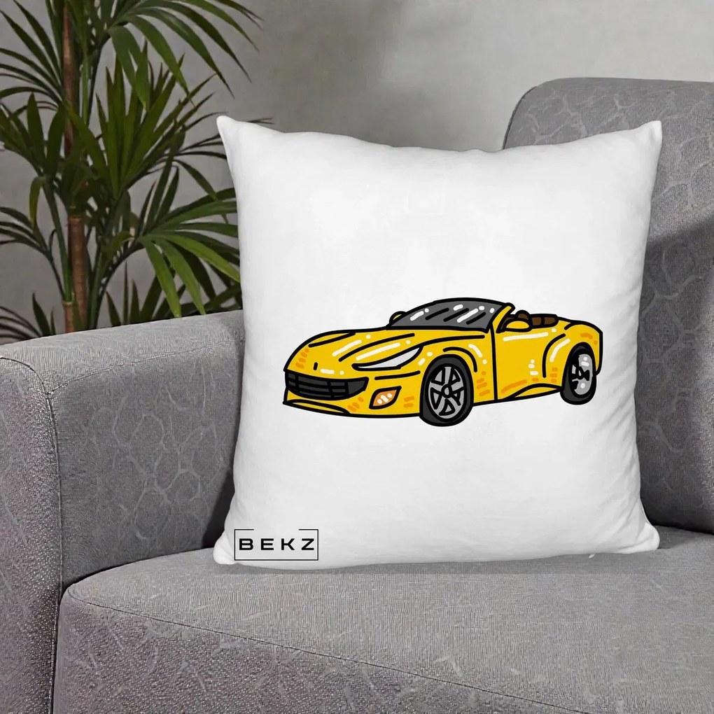 Perna Personalizata Masina Cabriolet Galbena Grafic, 40x40 cm, Alb Pufos, Husa Detasabila, Perna Inclusa, BEKZ®
