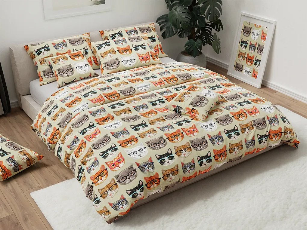 Lenjerie de pat din bumbac bej CAT GLASSES Dimensiune lenjerie de pat: 70 x 90 cm | 140 x 200 cm