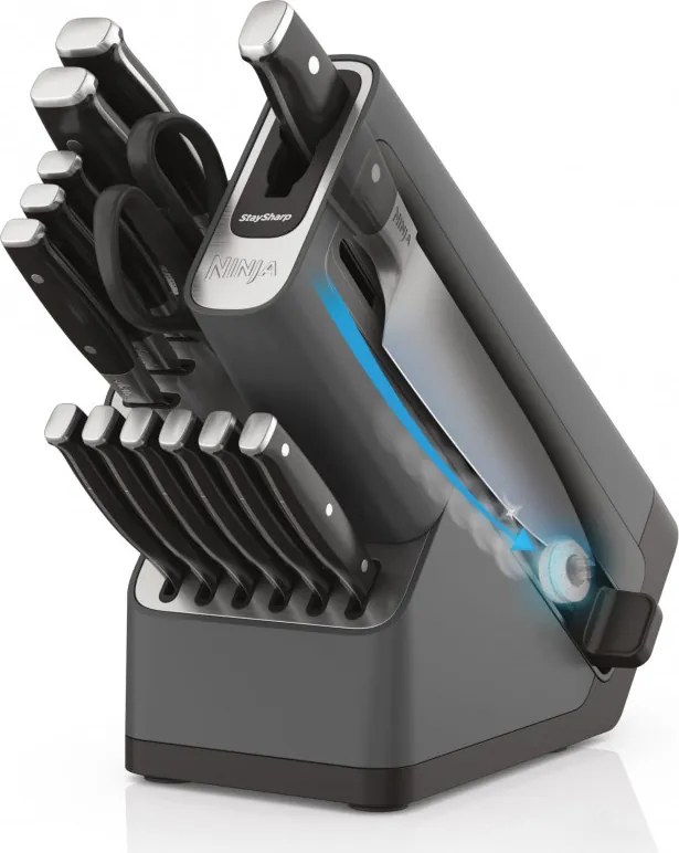 Set cutite cu ascutitor si suport Ninja K32014EUUK, 6 piese, StaySharp, Design ergonomic, Argintiu/Negru