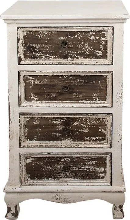 Comodă îngustă, vintage, din lemn, alb și maro, cu 4 sertare, butoni din metal și picioare curbate, 81 x 44 x 35 cm, „Renard”
