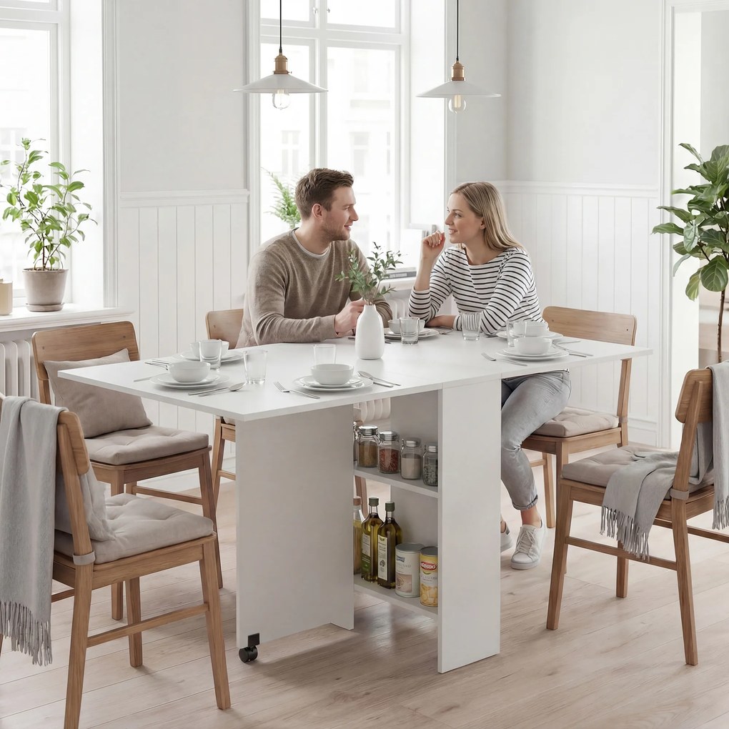 HOMCOM Masă Pliabilă pentru 4-6 Persoane cu 2 Roți și 2 rafturi depozitare, 140x75x74cm, Alb | Aosom Romania