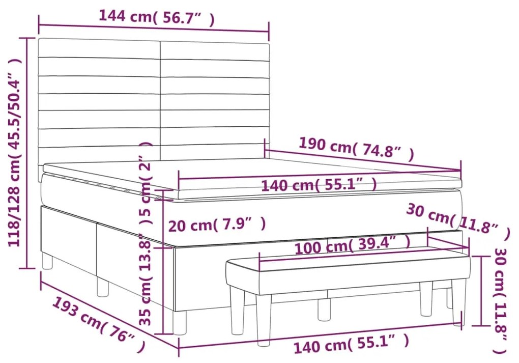 Pat box spring cu saltea, albastru, 140x200 cm, textil Albastru, 140 x 190 cm, Benzi orizontale