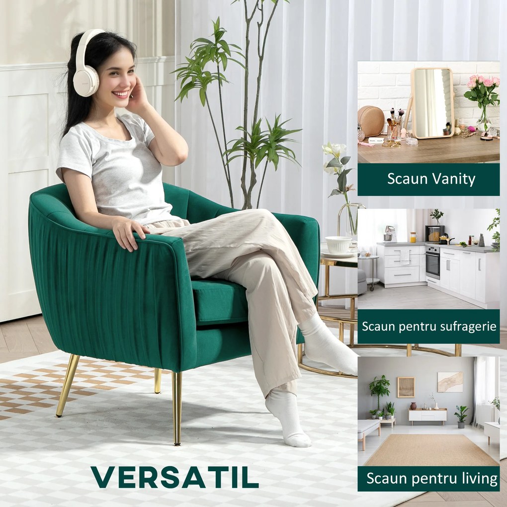HOMCOM Fotoliu Elegant din Catifea Verde cu Picioare Metalice Aurii Confort Superior pentru Living | Aosom Romania