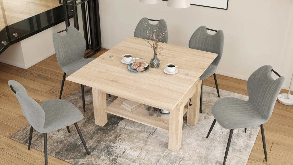 Mazzoni BRAWO Stejar Sonoma - MĂSUȚĂ DE CAFEA CU BLAT EXTENSIBIL ȘI RIDICABIL MASĂ CU RAFT