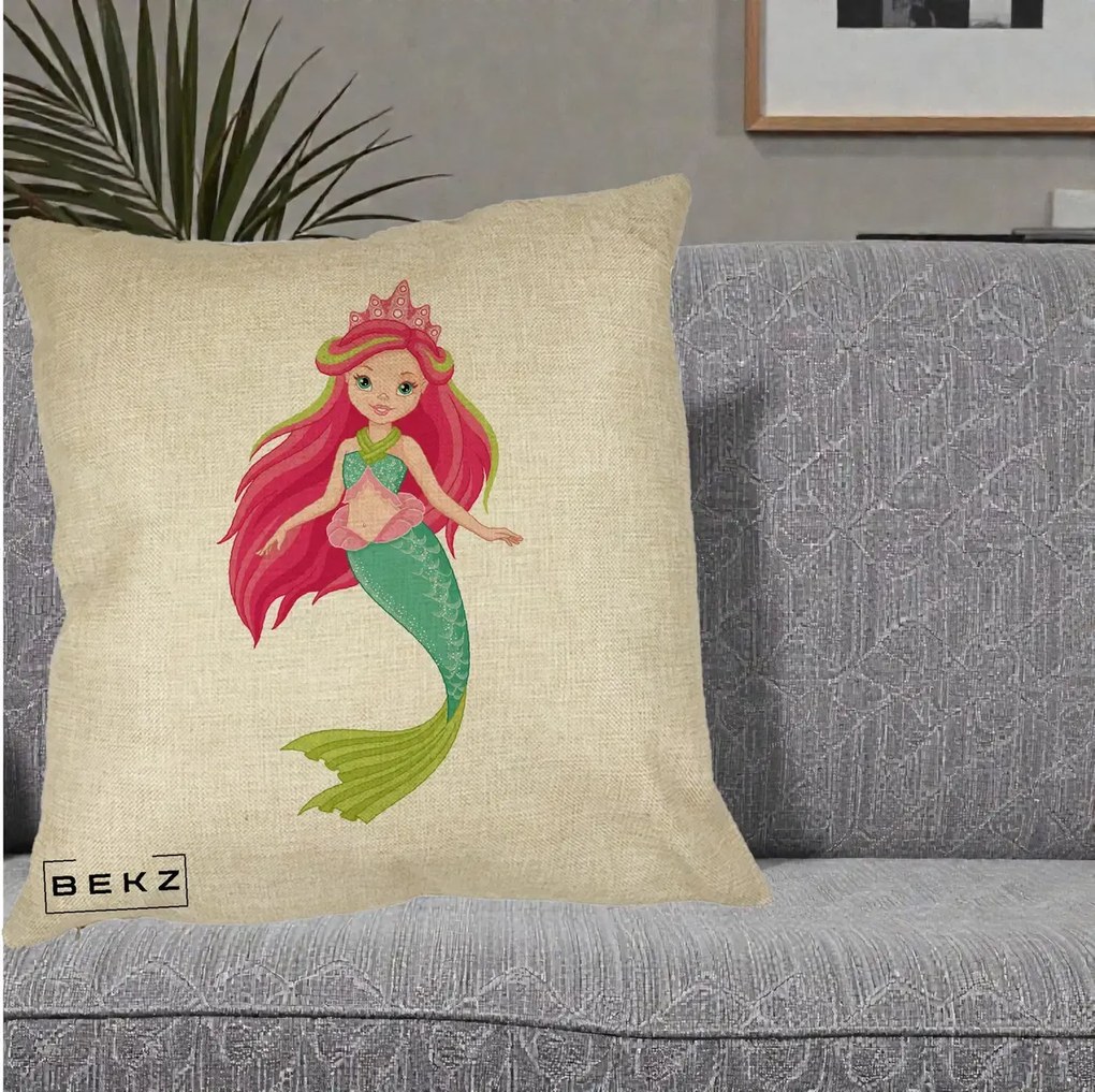 Perna Decorativa Sirena Roz cu Coroana, 40x40 cm, Crem, Husa Detasabila, Perna Inclusa, BEKZ®