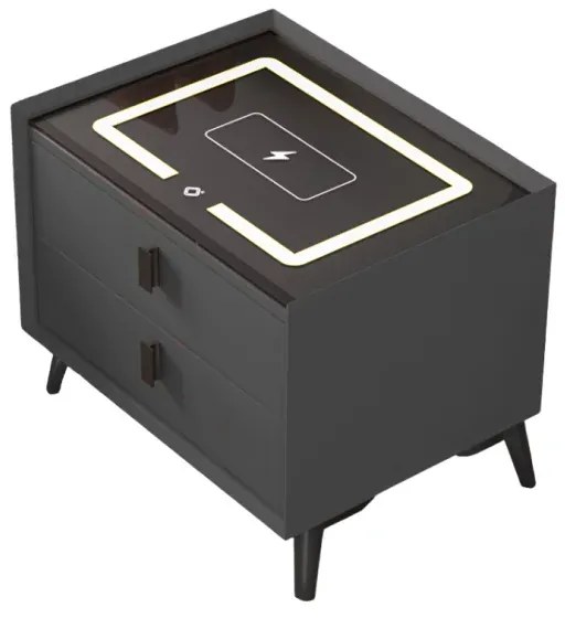 Noptiera inteligenta cu &icirc;ncărcare wireless și iluminare LED &ndash;culoare gri antracit, 2 sertare, design modern din sticlă și lemn