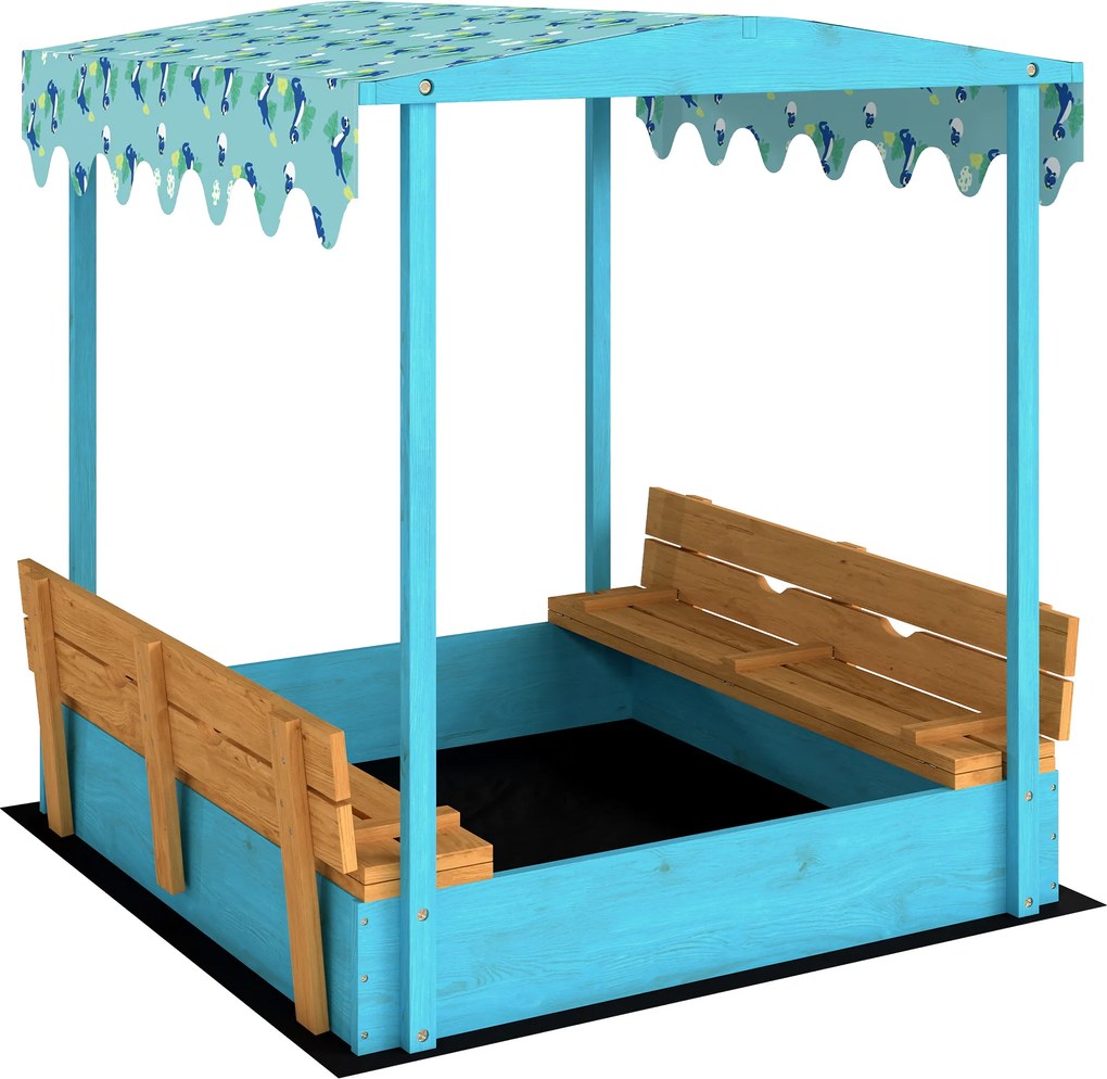 AIYAPLAY Lădiță cu Nisip pentru Copii 3-6 Ani cu Acoperiș Dinosauri, Bănci Pliabile, Capac și Husă Incluse, Lădiță de Nisip din Lemn de Brad, 134,5x127,5x130 cm, Albastru | Aosom Romania
