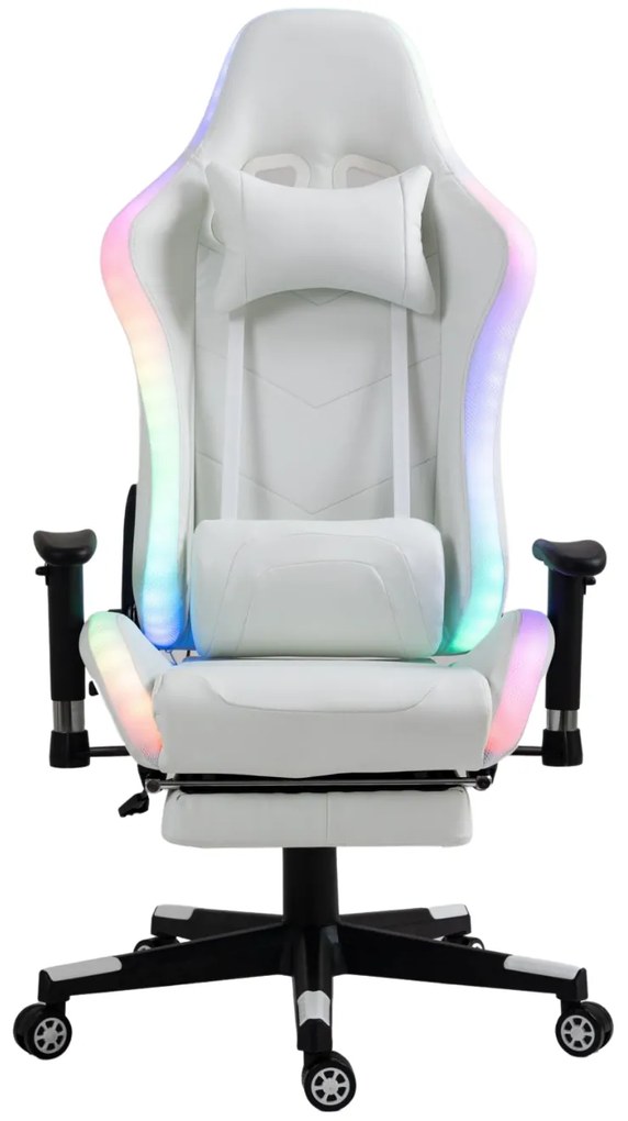 Scaun gaming cu sistem iluminare bandă LED RGB, masaj în perna lombară, suport picioare, funcție șezlong, 90-180 grade, piele ecologica Premium, Alb
