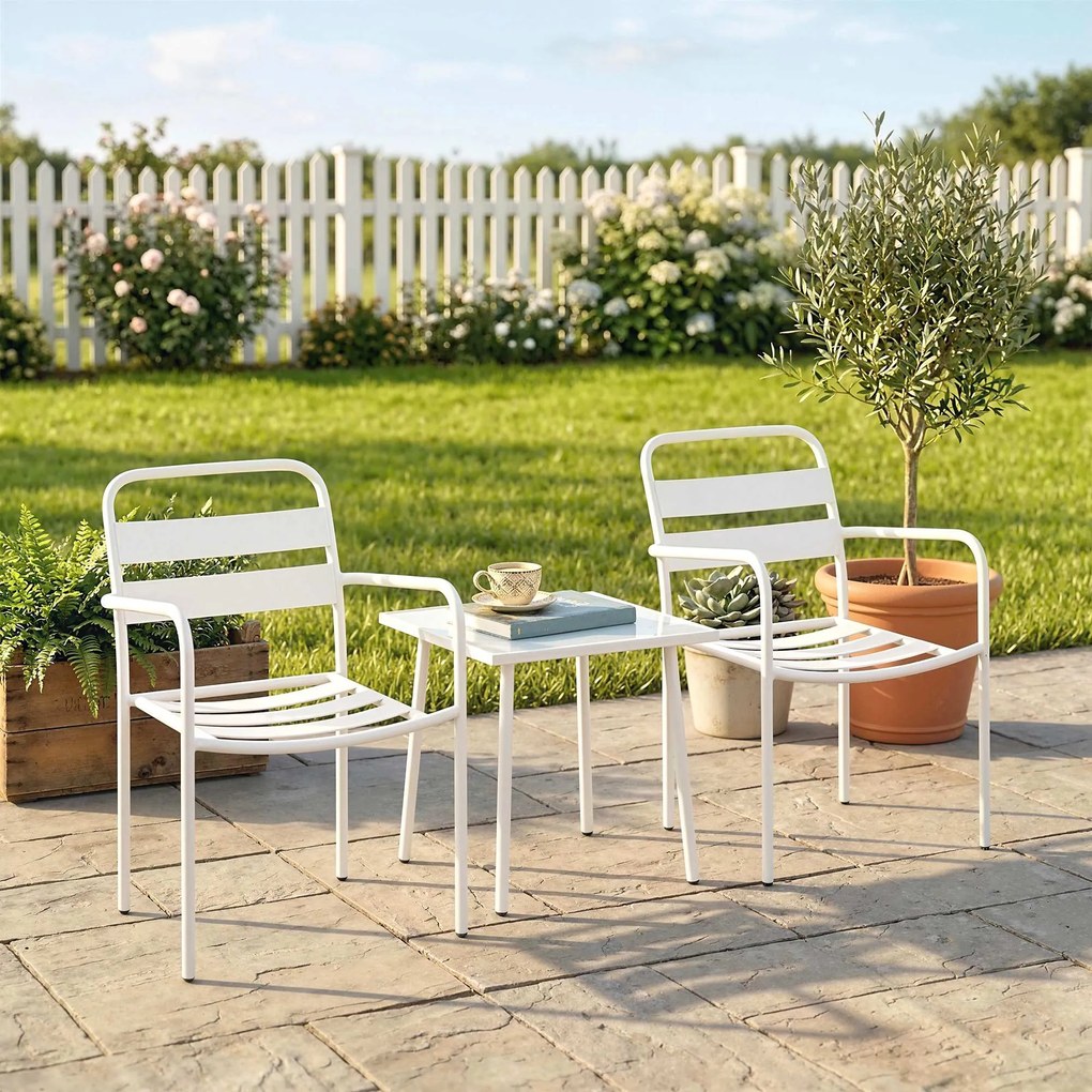Outsunny Set Bistrò 3 Piese din Oțel Galvanizat, Set de Grădină cu 2 Scaune și Masă din Sticlă Temperată, Mobilier Exterior pentru Terasă, Balcon, Alb | Aosom Romania