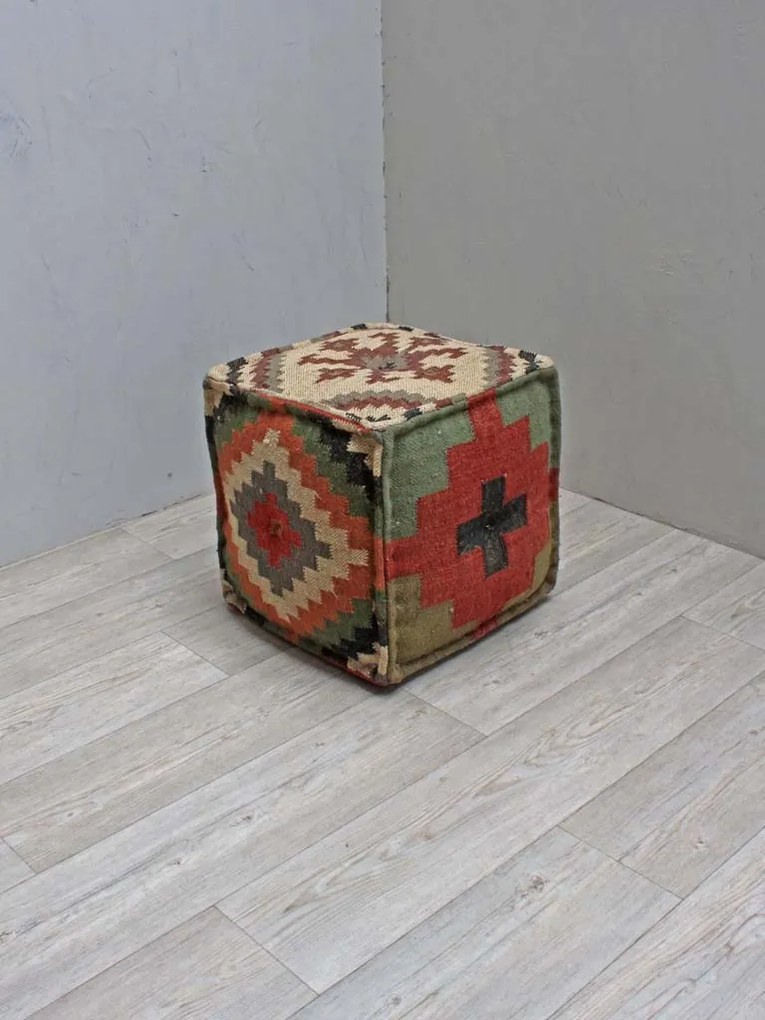 Puf multicolor, din iuta naturala si lana, Indian Kilim