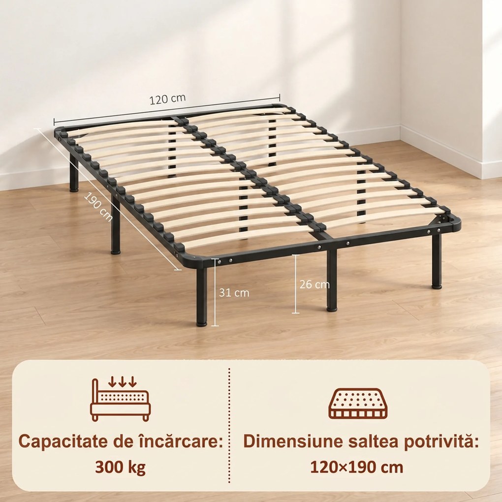HOMCOM Pat Industrial 120x190x31 cm cu 28 de Lamele și Spațiu de Depozitare, Lemn și Oțel, Negru și Lemn Natural | Aosom Romania