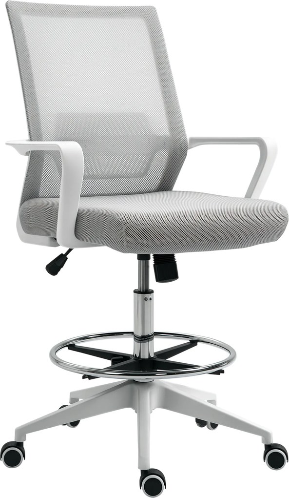 Vinsetto Scaun birou cu șezut înalt reglabil, pivotant 360°, plasă respirabilă, gri/alb, 64x59x104-124 cm | Aosom Romania