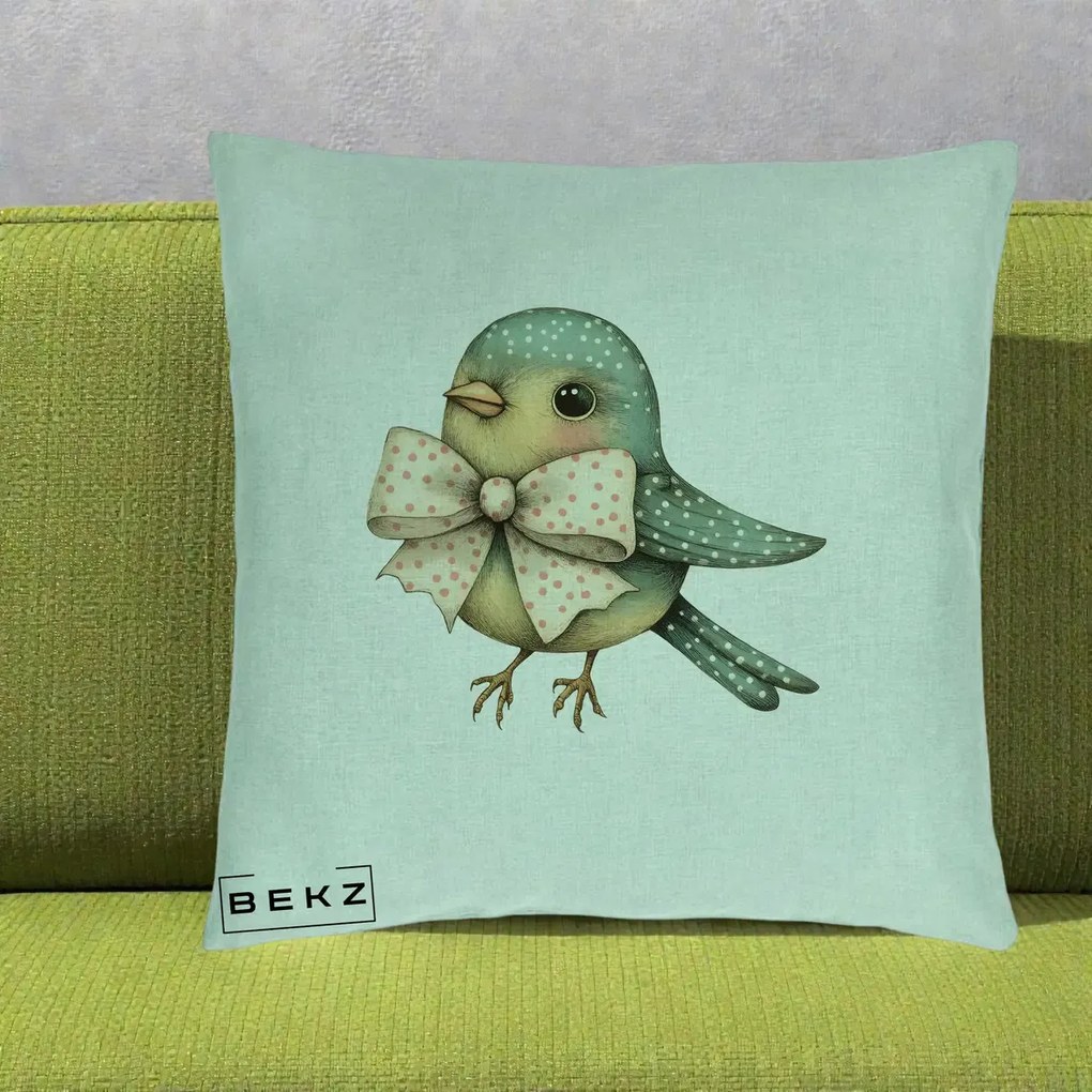 Perna Decorativa Pasare Teal cu Fundita cu Buline, 40x40 cm, Verde Menta, Husa Detasabila, Perna Inclusa, BEKZ®