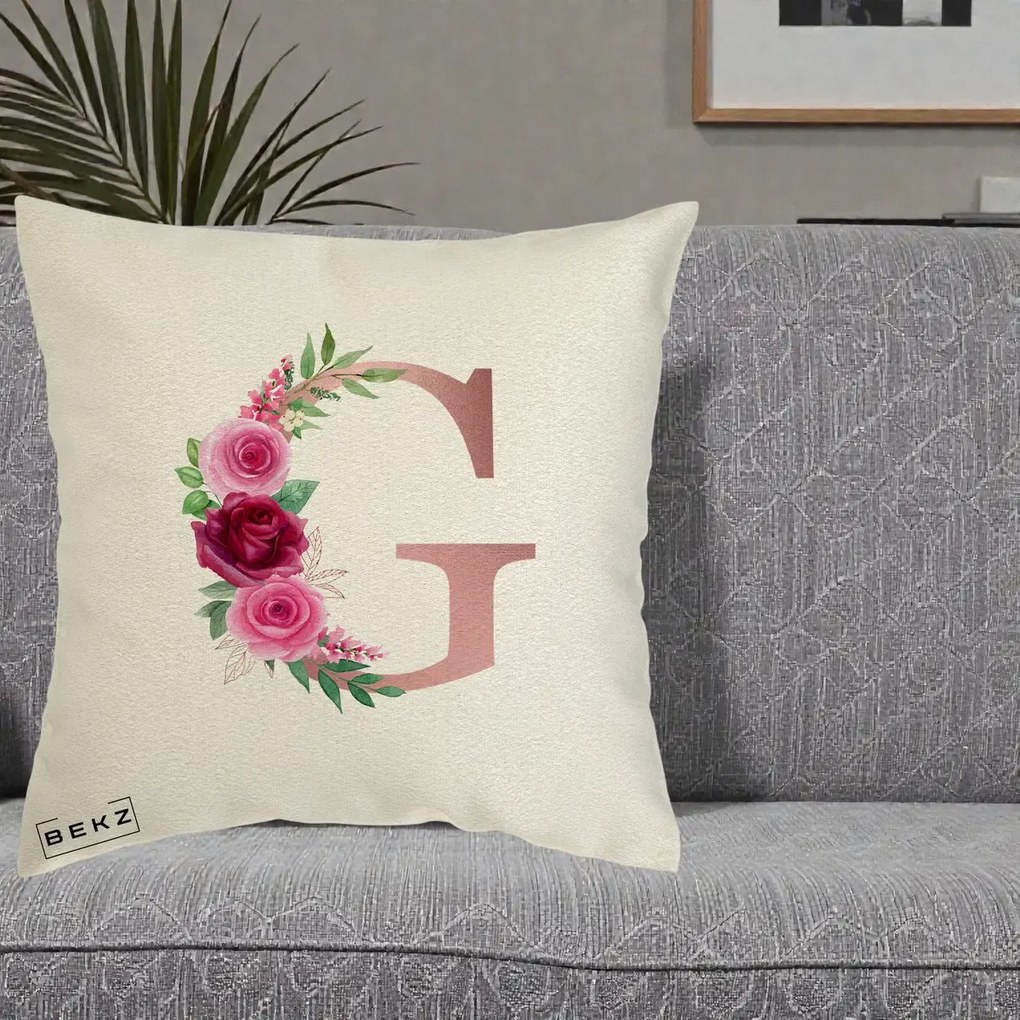 Cadou Personalizat - Perna Personalizata Monograma Rose Gold Litera G, 40x40 cm, Ecru, Husa Detasabila, Perna Inclusa, BEKZ®