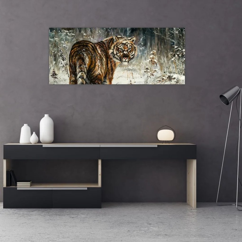 Tablou - Tigru într-o pădure înzăpezită, pictură în ulei (120x50 cm)