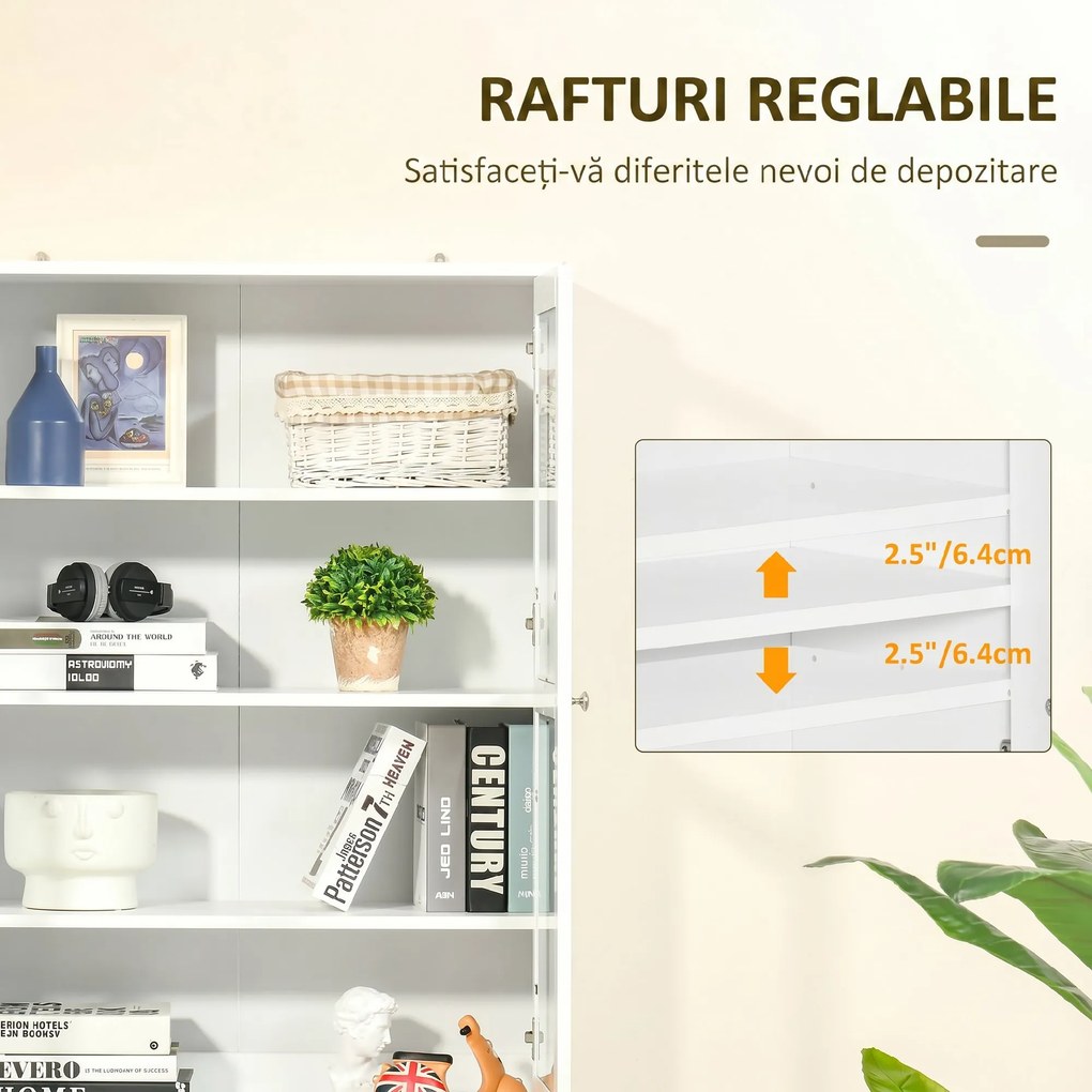 HOMCOM Mobilier de Bibliotecă cu 2 Dulapuri, Rafturi și Uși din Sticlă Alb | Aosom Romania
