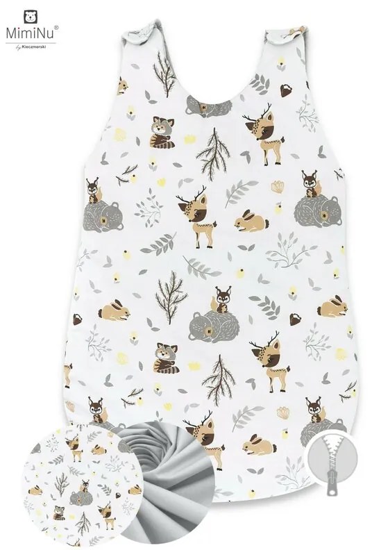 Sac de dormit, MimiNu, Pentru bebelusi, De iarna, Din bumbac certificat Oeko Tex Standard 100, Cu fermoar lateral, Cu capse pe umar, 70 cm, 0 - 6 luni, 2.5 Tog, Forest friends Grey/Beige