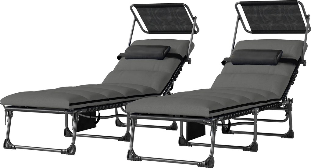 Outsunny Set de 2 șezlonguri pliante cu copertină, șezlonguri înclinabile cu pernă, buzunar lateral și mâner de transport, gri închis | Aosom Romania