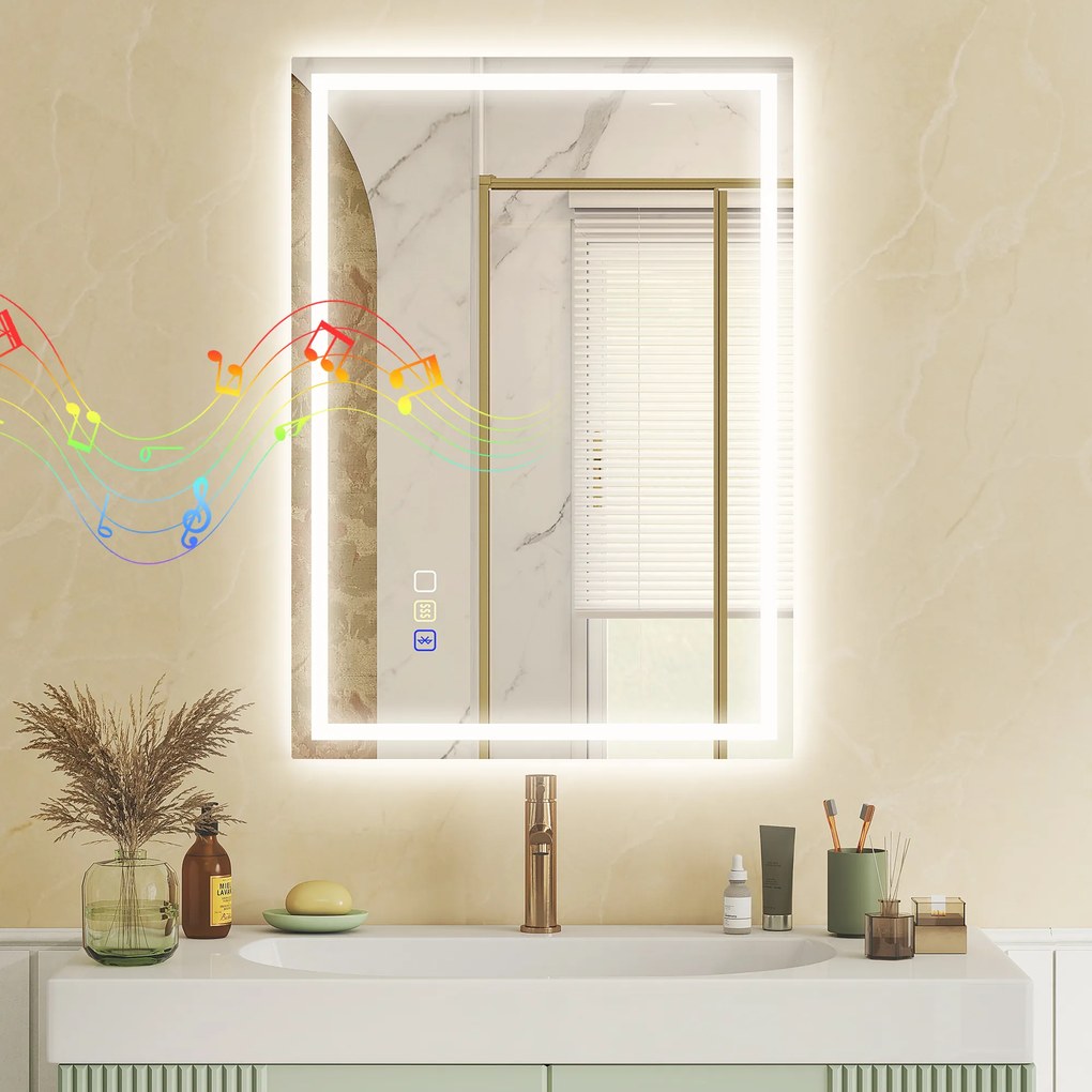 HOMCOM Oglindă Baie Antiaburire cu Lumină LED și Difuzor Bluetooth 50x70 cm | Aosom Romania