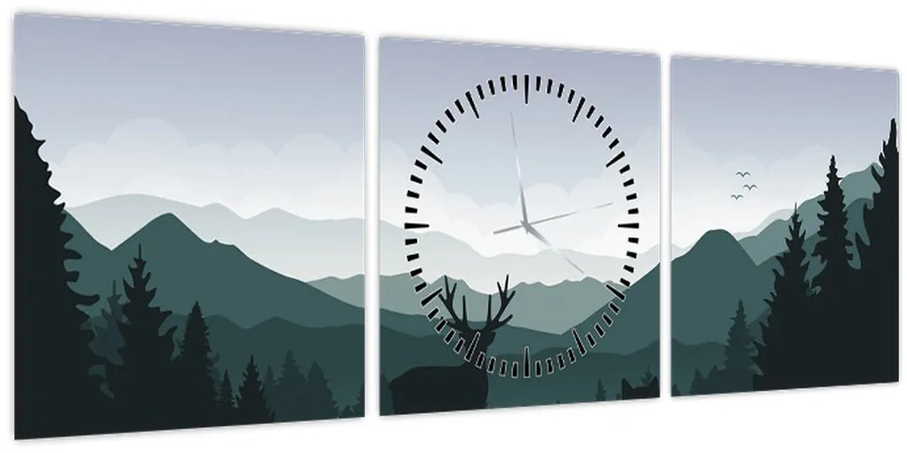 Tablou - Cerb cu lup pe stânci (cu ceas) (90x30 cm)