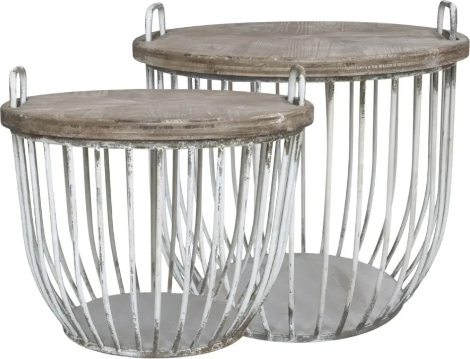 Set 2 măsuțe de cafea rotunde din lemn de chiparos și metal, natur și alb, cu mânere și structură tip coș, finisaj patinat, 48 x 57 cm, „Cassis”