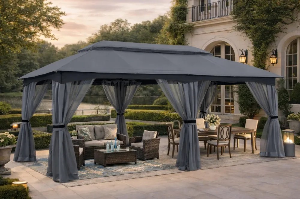 ABCCANOPY Foișor de gradina 305x610 cm, cadru din oțel și plasă de țânțari pentru gazon, curte, grădină, terasă, Gri