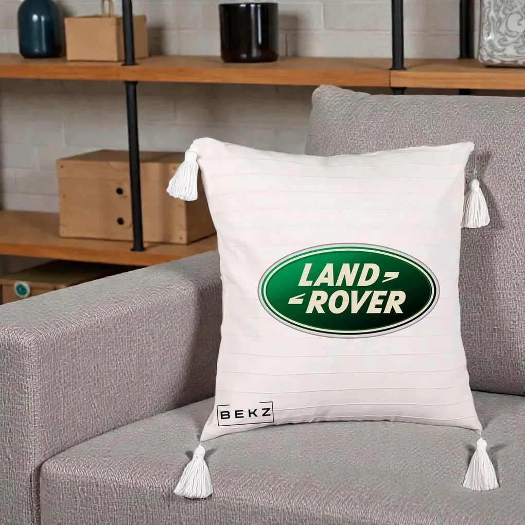 Perna Personalizata cu emblema Land Rover, 40x40 cm, Bej cu Franjuri, Husa Detasabila, Perna Inclusa, BEKZ®