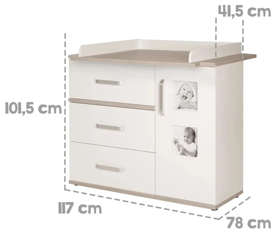 Comodă de copii albă joasă cu aspect de lemn de ulm cu masă de schimbat 117x102 cm Moritz – Roba