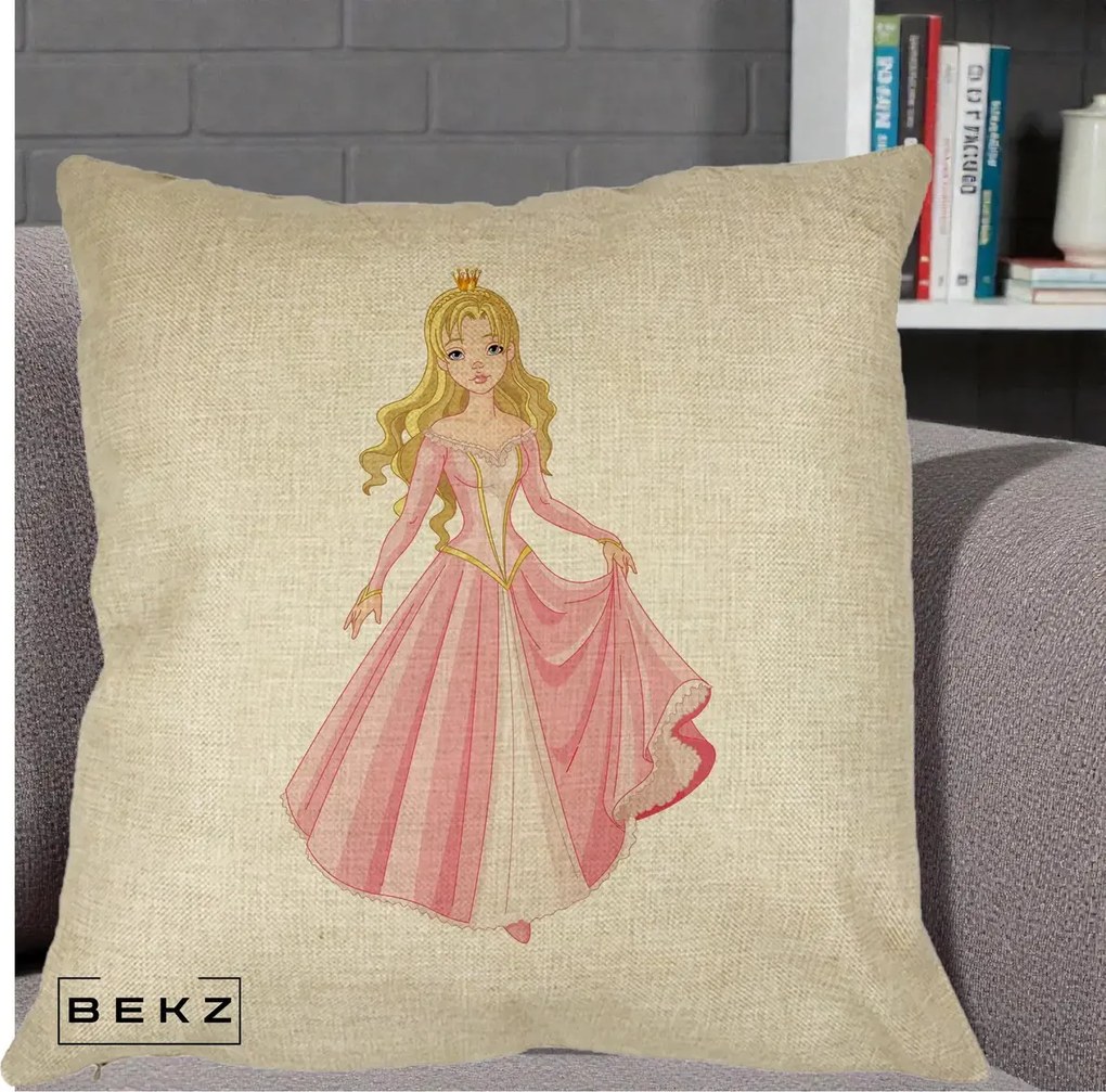 Perna Decorativa Printesa Aurora Rochie Roz, 40x40 cm, Crem, Husa Detasabila, Perna Inclusa, BEKZ®