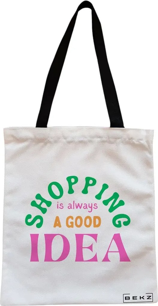 Sacosa de Panza pentru Cumparaturi, Geanta Tote, model Shopping is always a good idea, Cu fermoar, 38x34.5 cm, Alba, BEKZ®