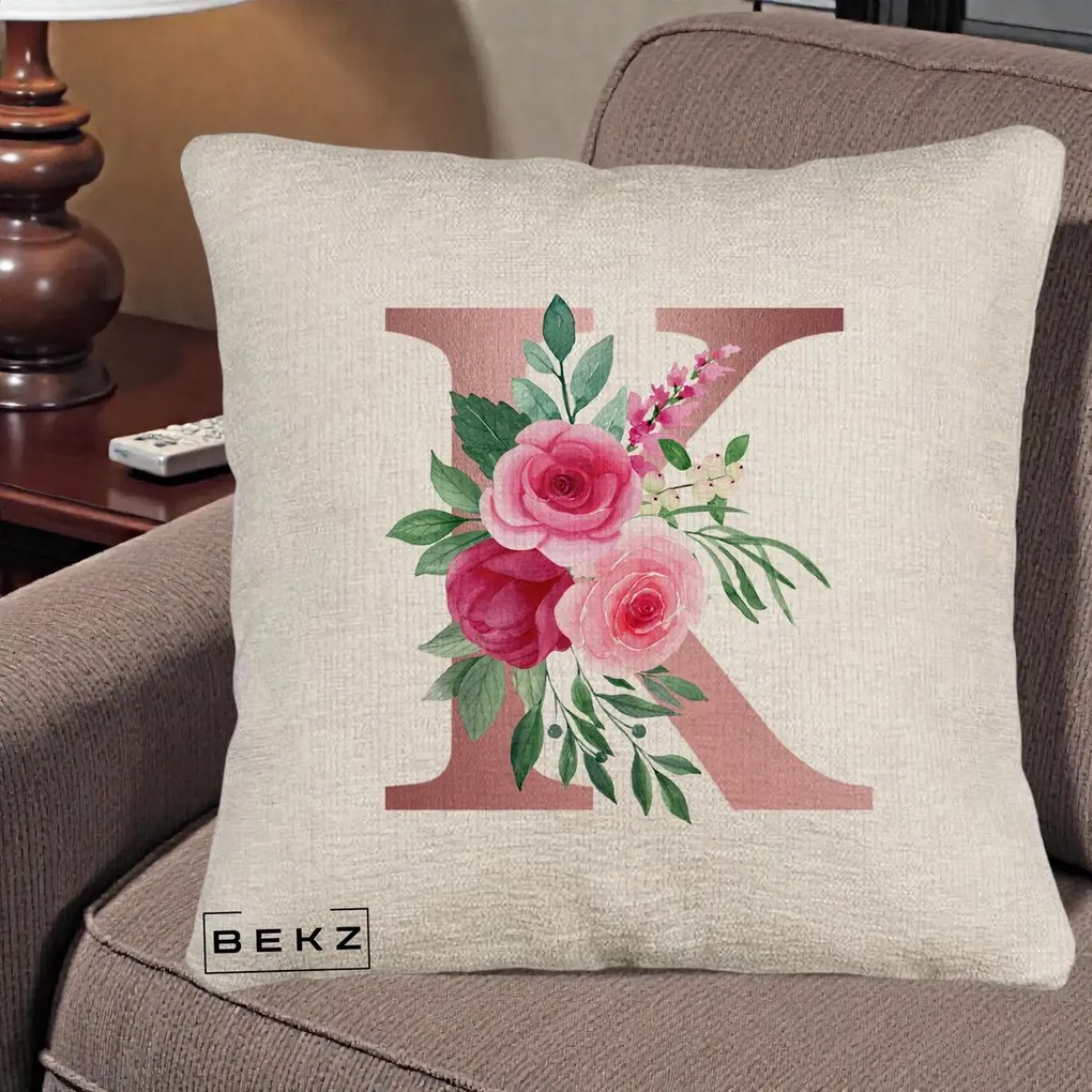 Cadou Personalizat - Perna Personalizata Monograma Rose Gold Litera K, 40x40 cm, Bej Canapea, Husa Detasabila, Perna Inclusa, BEKZ®