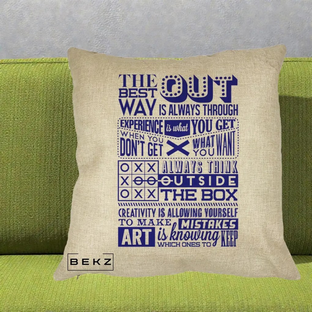 Perna Decorativa Citate Creativitate Albastru, 40x40 cm, Crem, Husa Detasabila, Perna Inclusa, BEKZ®