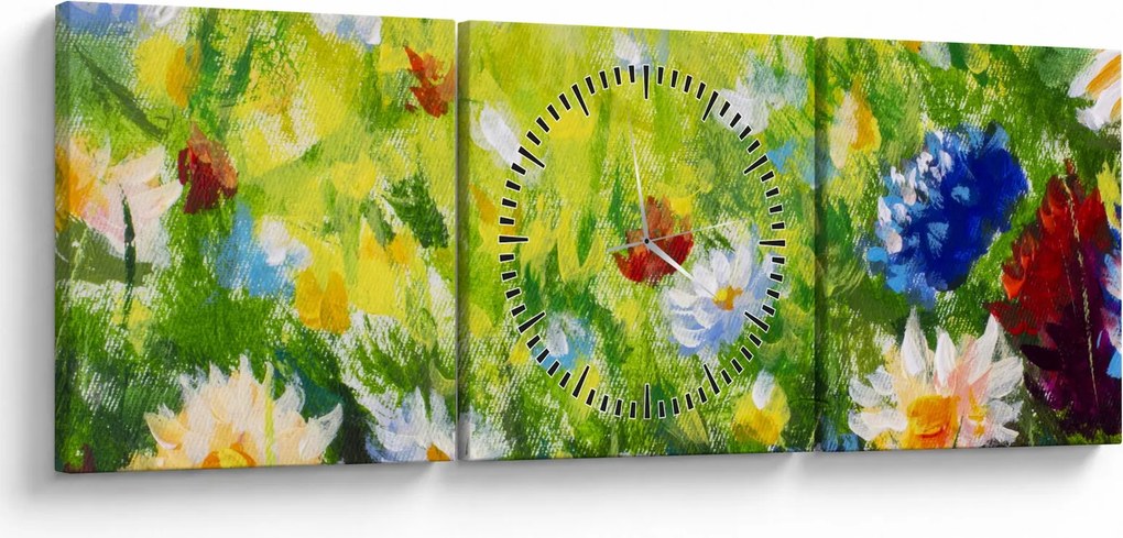 Tablou - Pictură în ulei, pajiște înflorită (cu ceas) (90x30 cm)