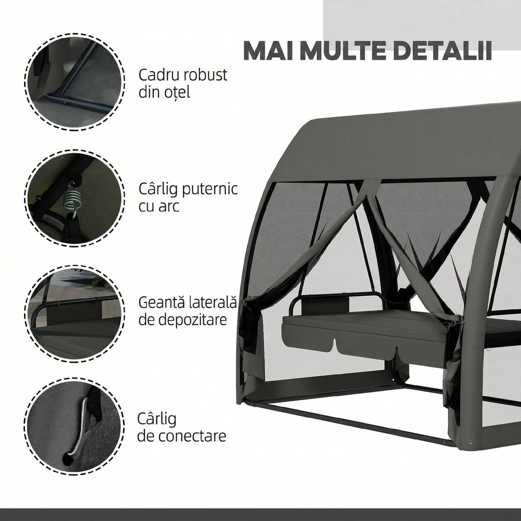 Outsunny Balansoar de Grădină 2-în-1 Convertibil în Pat cu Perne, Balansoar cu Husă și Plasă de Țânțari cu Fermoar, 240x140x197 cm, Gri | Aosom Romania