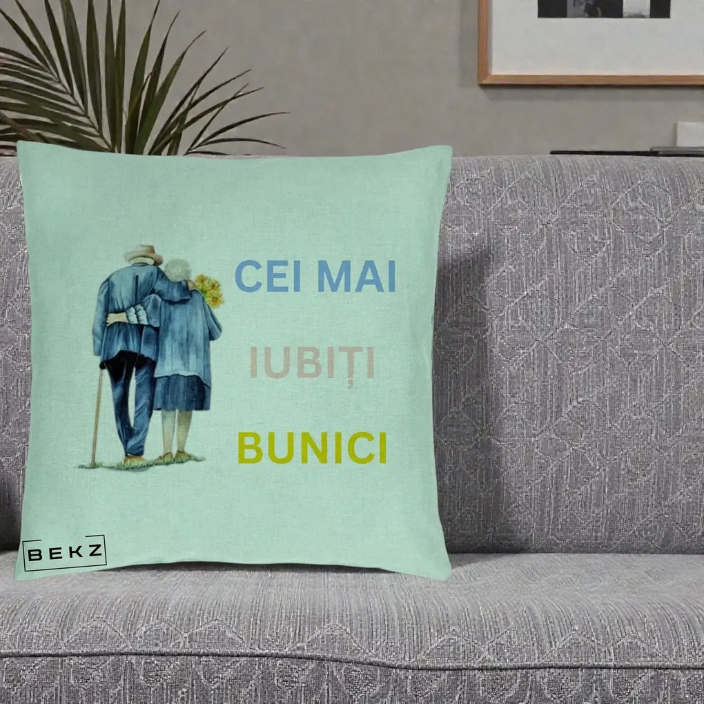 Cadou pentru Bunici - Perna Personalizata Cei Mai Iubiti Bunici Acuarela Spate, 40x40 cm, Verde Menta, Husa Detasabila, Perna Inclusa, BEKZ®