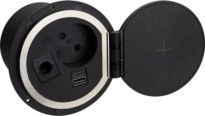 Priză încorporabilă în blat Sambo Box Design Light, încărcător wireless, 1 priză Schuko, USB A + C, negru, D:78 mm Plastic, Negru, D:78 mm