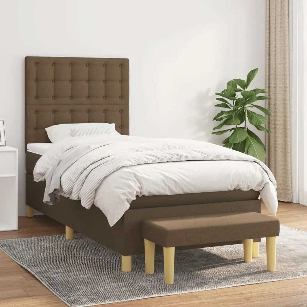 vidaXL Pat box spring cu saltea, maro închis, 90x200 cm, textil