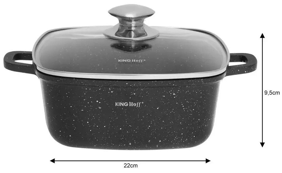 Oală pătrată cu capac 22x22 cm, 3.7L – Kinghoff KH 1602, antiaderentă cu marmură, neagră, ideală pentru gătit sănătos