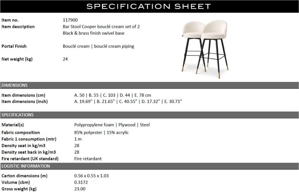 Set de 2 scaune de bar pivotante, design LUX, Bar Stool Cooper crem