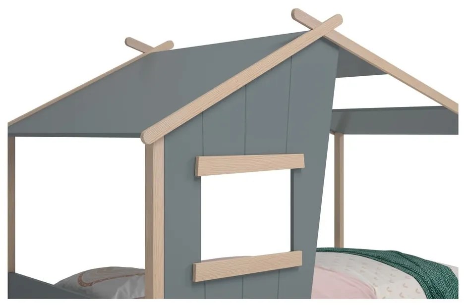 Pat pentru copii verde prăfuit de tip casă din lemn de pin cu somieră 90x190 cm Luba – Marckeric