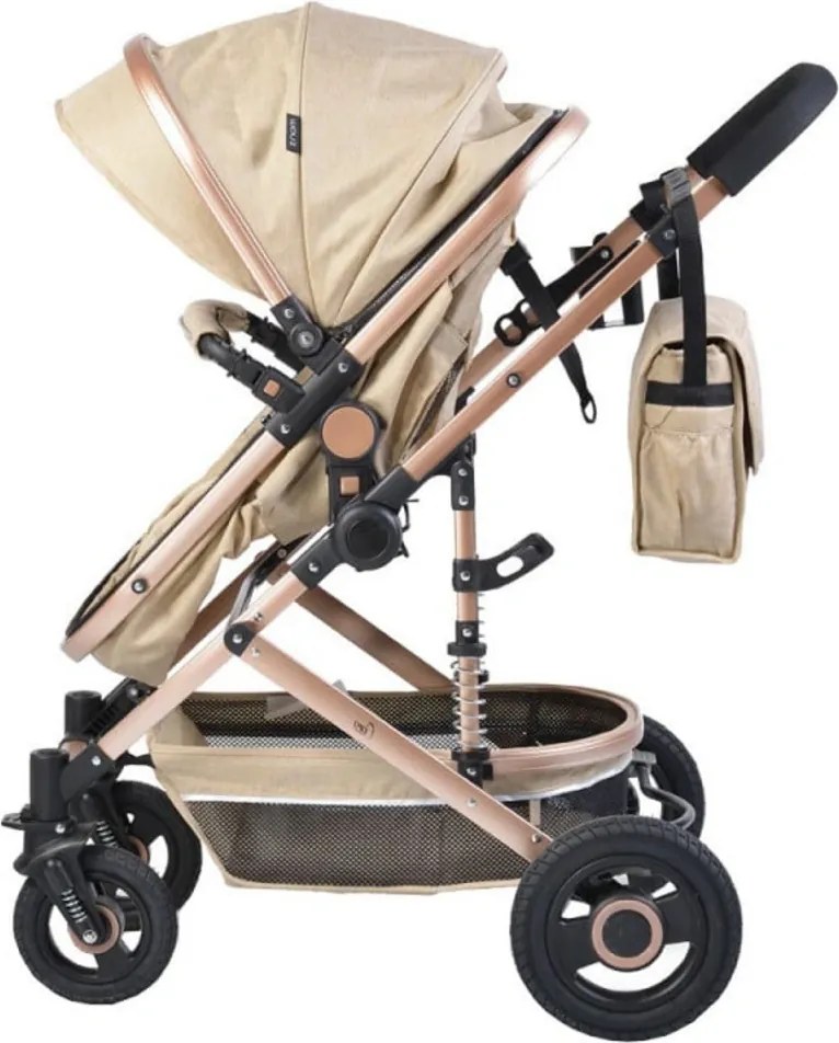Carucior nou nascuti 2 in 1 NOVOKIDS™ Ciarra Gold PRO , Cu geanta bebe, Cadru Aluminiu , Amortizoare, Roti din cauciuc plin AVE, Landou, Modul sport,