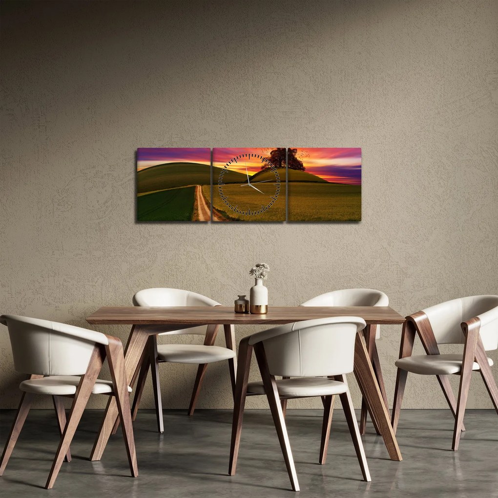 Tablou câmpului cu apus de soare (cu ceas) (90x30 cm)